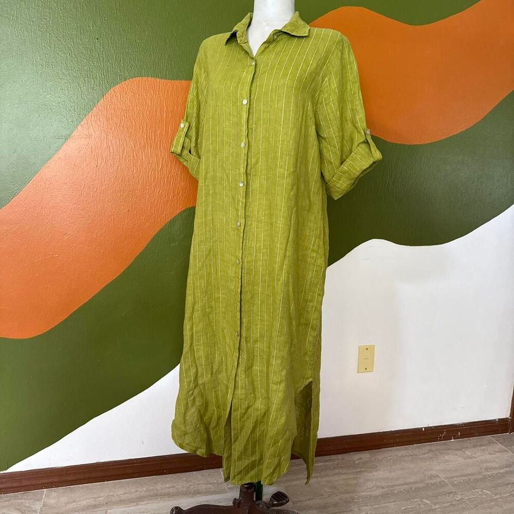 Puro Lino Italian Linen Maxi Shirt Dress Green Striped Fairycore Lagenlook Boho